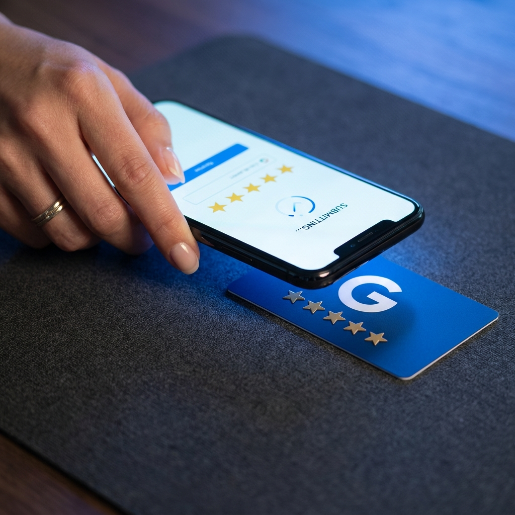 Client folosind telefonul pentru a atinge cardul NFC și a lăsa o recenzie Google