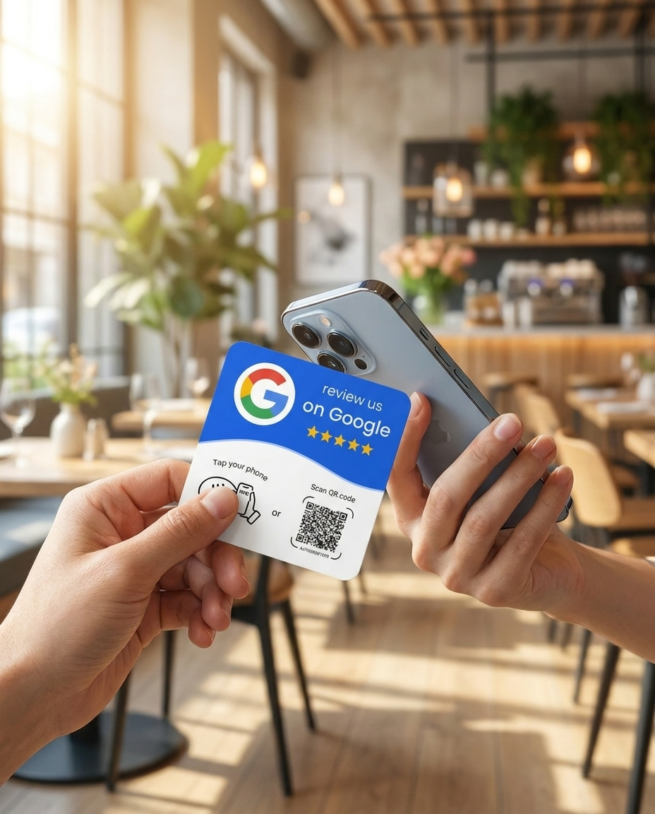 Client ținând cardul NFC Google Review lângă telefon într-un restaurant